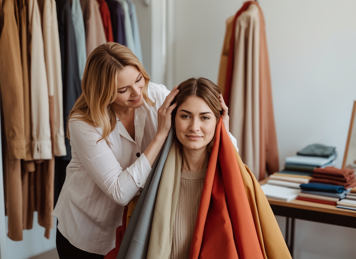 Professional seasonal color analysis session showing color draping technique at Phunlaxxzyhloxex